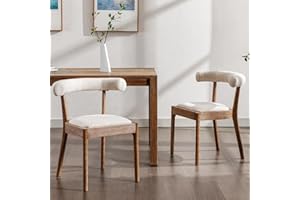 Kmax Dining Room Chairs Mid-Century Modern Fabric Kitchen Chairs with Natural Walnut Finished Frame, Linen Curved Back, 2-Pcs Set, Beige