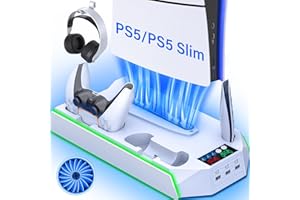 JAVRUNWOF PS5 / PS5 Slim Cooling Station with Controller Charging Station - LED Light Cooling Stand for PlayStation 5 Slim Disc/Digital Console, Accessories Incl RGB Light/Cooler Fan/3 USB Hubs/Headset Holder