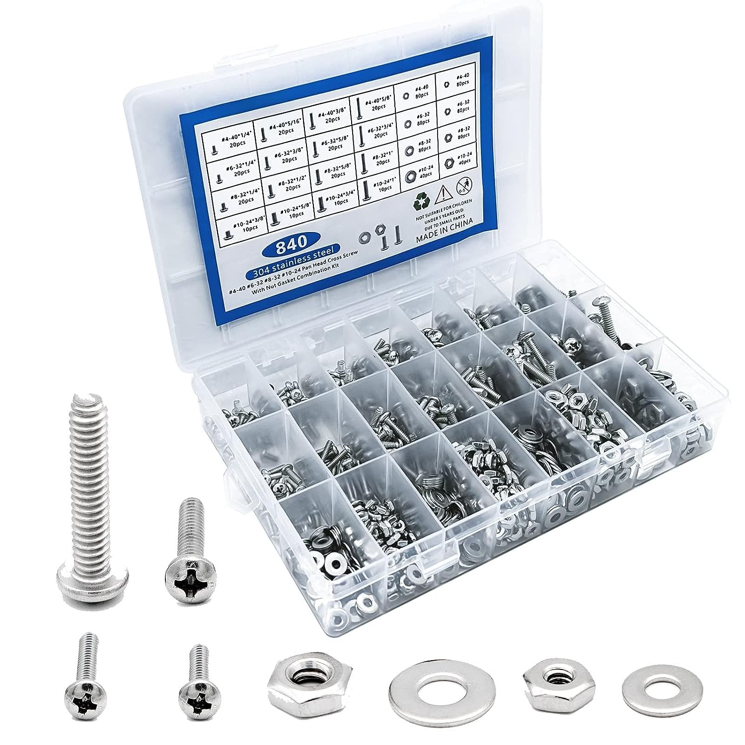 840 Pieces 4-40# 6-32# 8-32# 10-24 nut and Bolt Combination kit 304 Stainless Steel Combination nut and Bolt Screw Washer