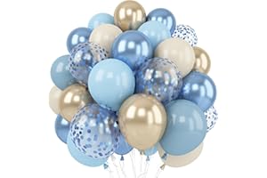 GOVPY Dusty Blue Gold Balloons, 60 Packs 12 Inch Dusty Baby Blue Chrome Gold Blue Confetti Balloon Sand White Balloon for Boy Baby Shower Decorations Bridal Shower Gender Reveal Birthday Party Supplies