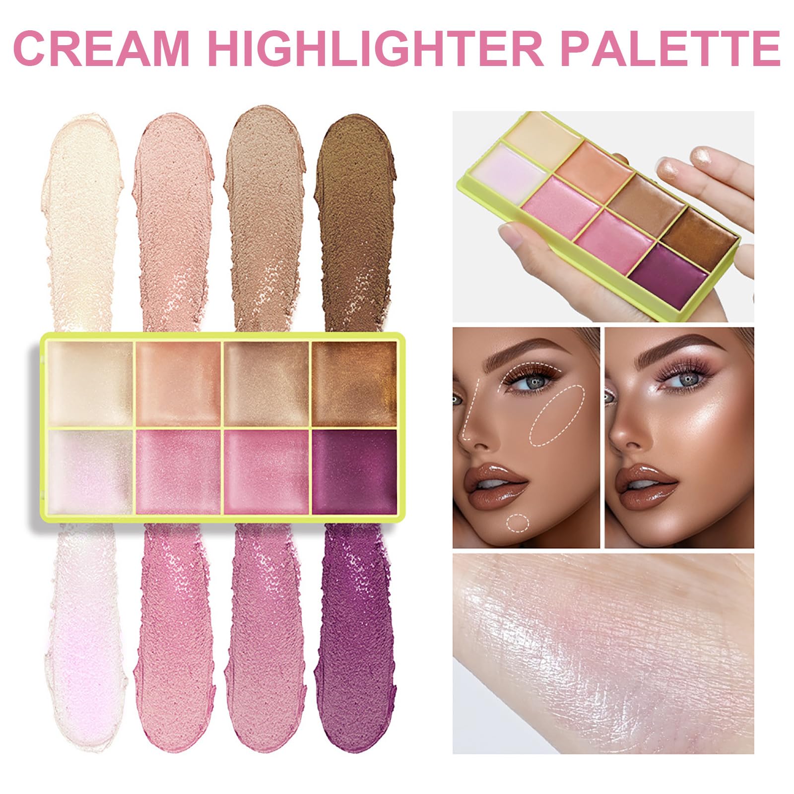 Highlighter Curve Comet Case, 8 Colors Cream Highlighter Shimmer Glow Silver Gold Blossom Glowy Finish Makeup Palette
