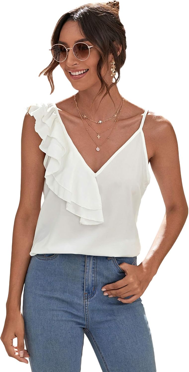 Floerns Women's Ruffle Strap V Neck Tank Tops Casual Loose Sleeveless