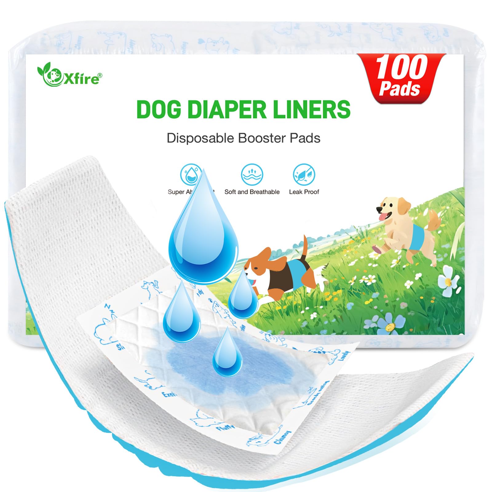 Photo 1 of Dog Diaper Liners Booster Pads, 100ct Disposable Dog Diapers Inserts Male Female for Washable Doggie Belly Bands Wraps Covers Period Panties(Large)