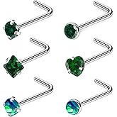 Ruifan ASTM F136 Titanium Nose Rings 18G 20G 22G Heart Square Cubic Zirconia Opal Nose Studs Ring Screw L-Shaped Bone Hypoallergenic Body Piercing Jewelry for Women 3mm 6PCS