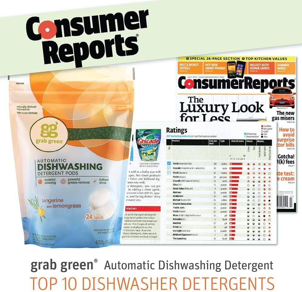Grab Green Natural Dishwasher Detergent Pods, Free & Clear/Unscented, 60 Count, Fragrance Free, Organic Enzyme-Powered, Plant & Mineral-Based: Health & Personal Care