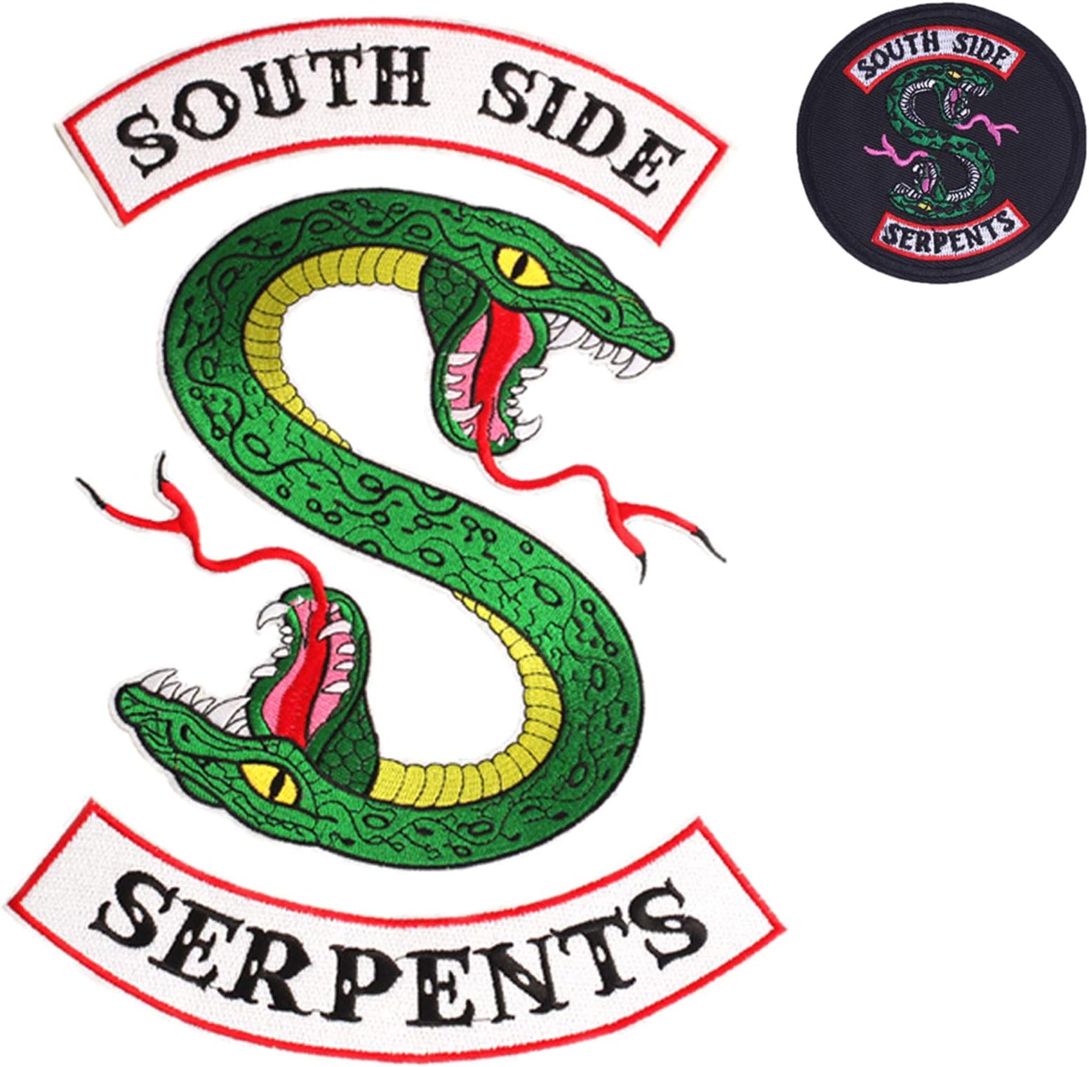 3 Piece Set Riverdale TV Series Large Southside Serpents Patches Sew or Iron on Patches and 1 Piece Small Badge Embroidered Southside Serpents Patches for Jacket Shirts Backpacks Clothes Hoodie