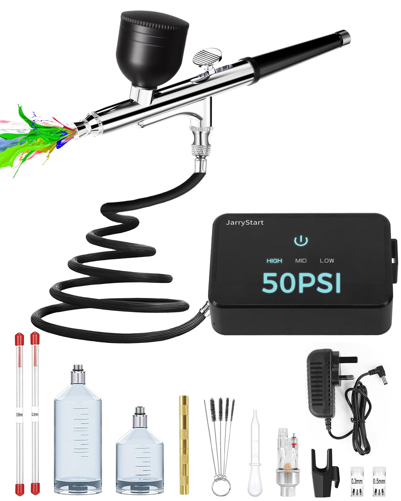 Photo 1 of JarryStart Airbrush Kit with Air Compressor, Intuitive 50 PSI High Pressure Air Brush with 0.2/0.3/0.5mm Nozzles & Cleaning Sets, Perfect for Modeling, Painting, Nails, Makeup, Cake Decorating