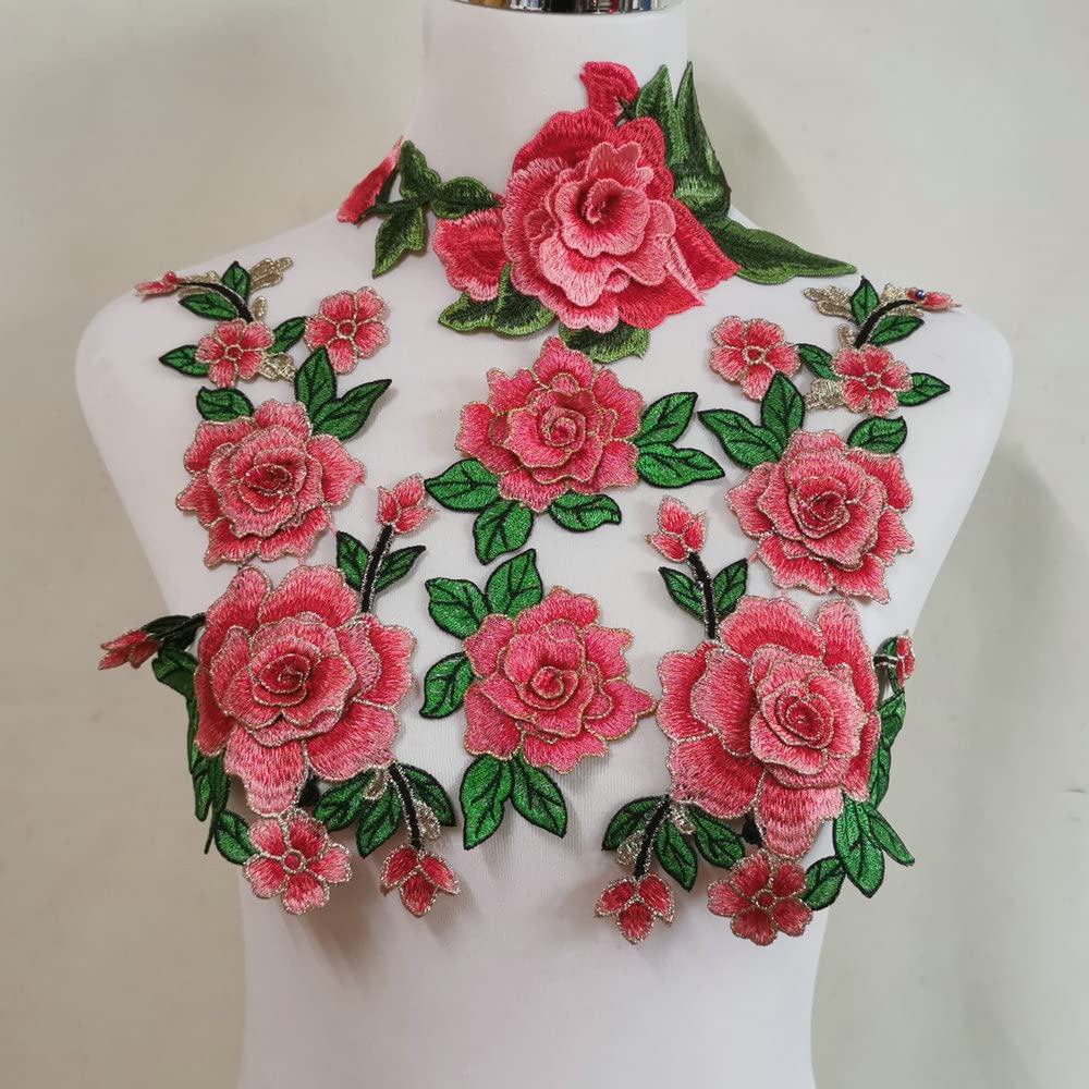 1 Pair Embroidery Rose Flower Sew On Patch Dress Hat Bag Jeans Applique Crafts Clothing Accessories DIY (Orange red)