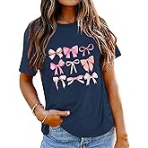 Womens Bow Shirt:Trendy Pink Bow Girly Tee Aesthetic T-Shirt Coquette Aesthetic Tee Tops