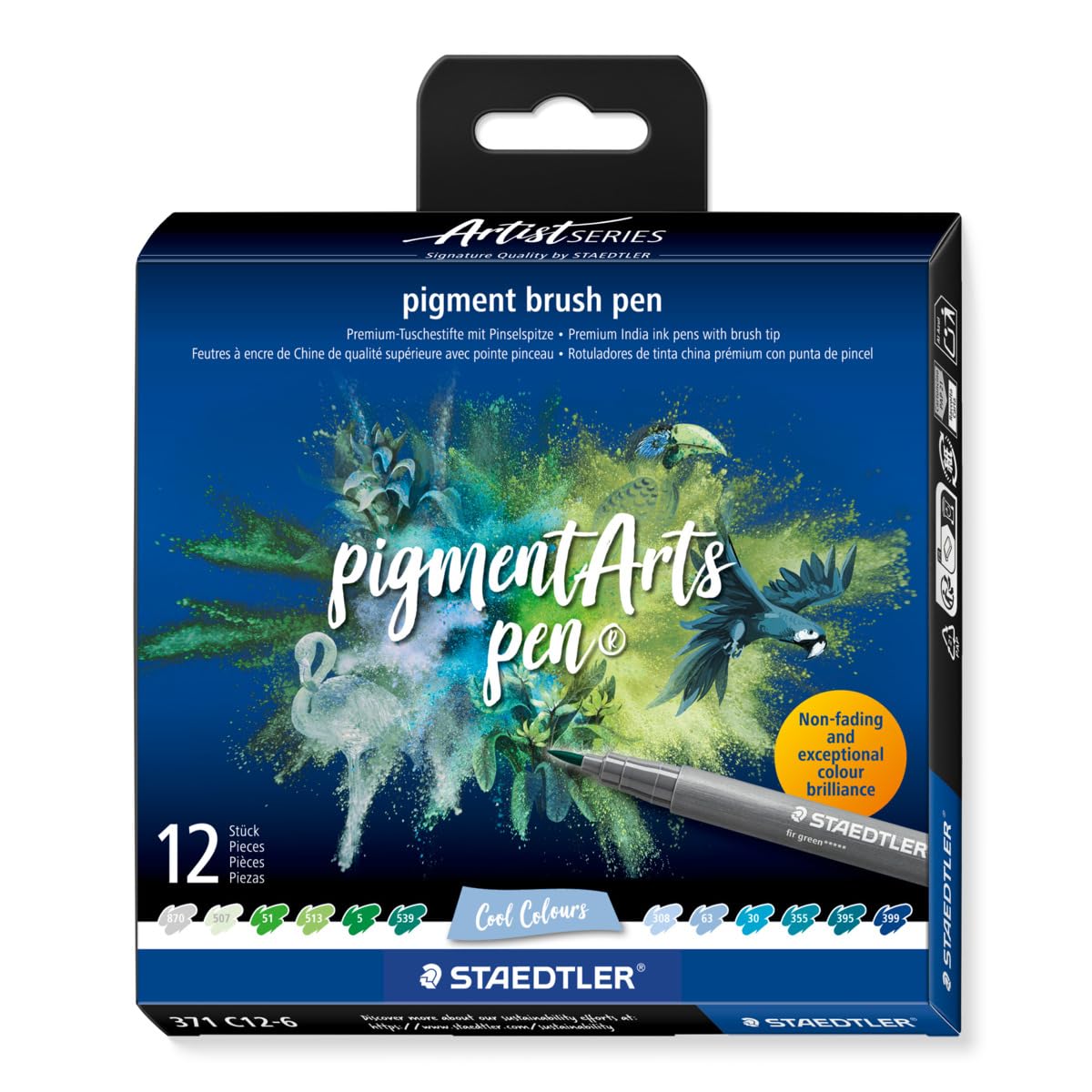 STAEDTLER 371 C12-6 Pigment Arts Brush Pen - Assorted Cool Colours (Pack of 12)