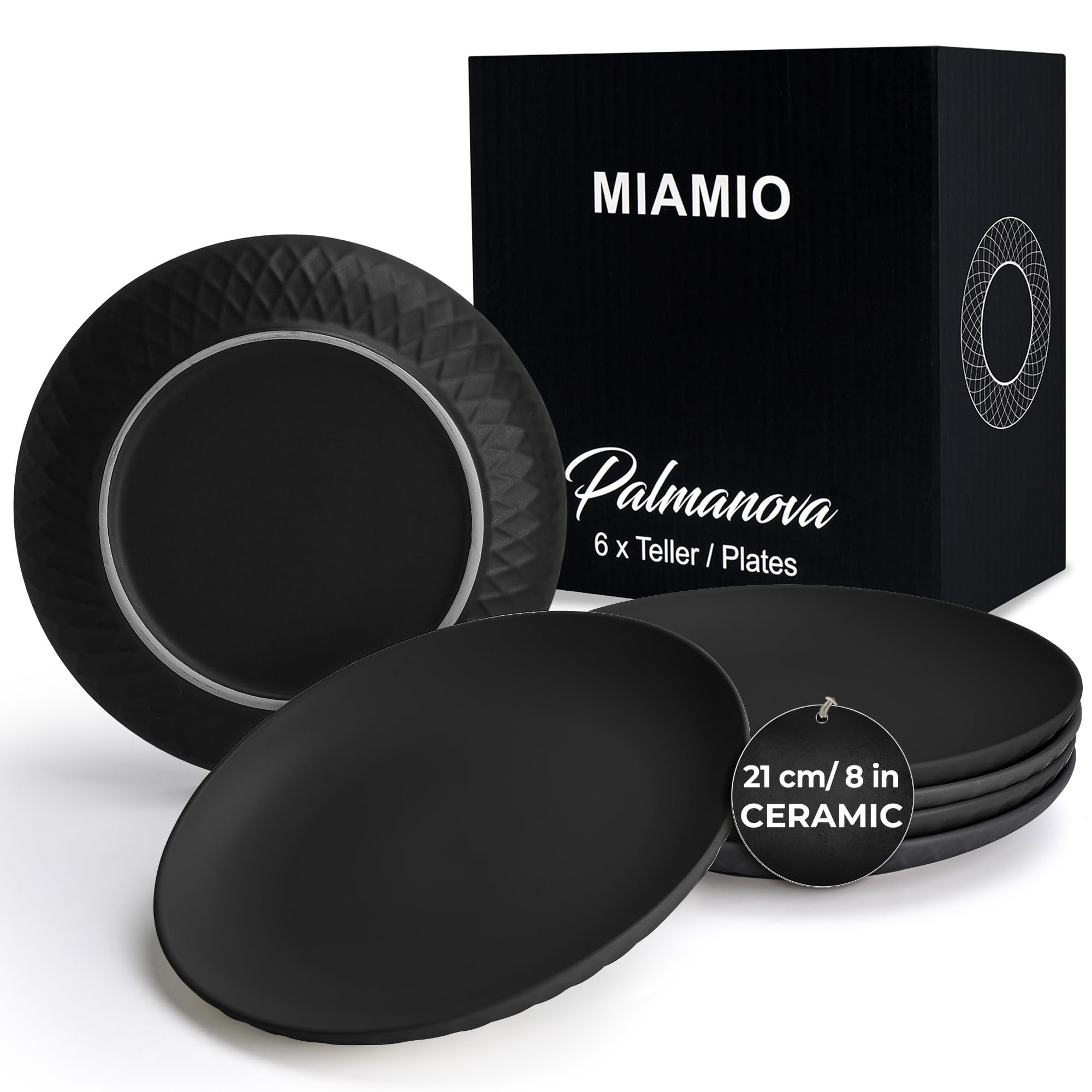 MIAMIO – Plates Set of 6 / Modern Plate Set Made of Ceramic/Stoneware - Palmanova Collection (21 cm, Black)
