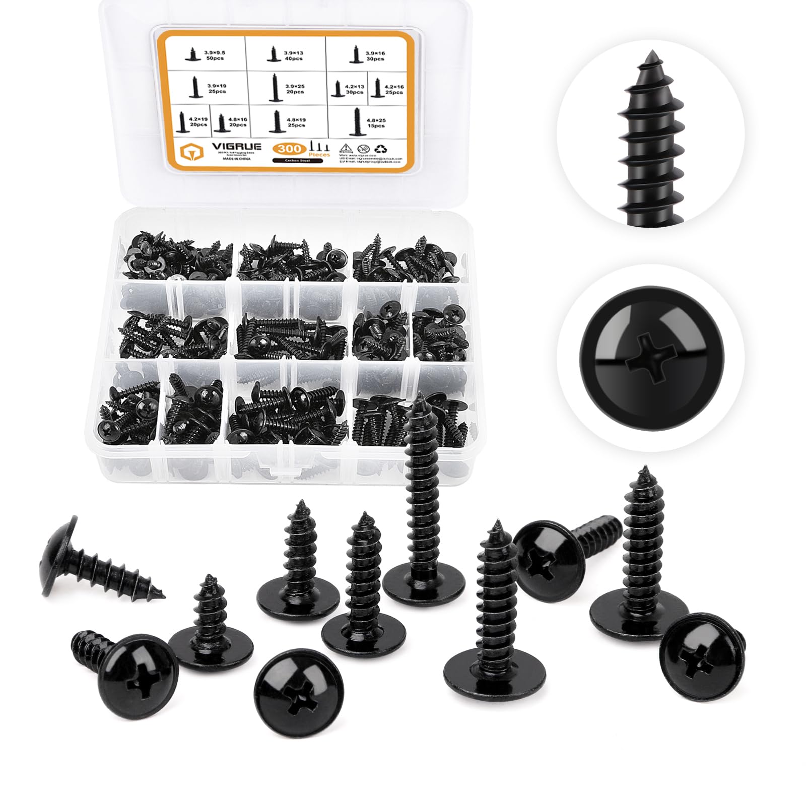 VIGRUE 300 Pieces Self-Tapping Phillips Self-Tapping Screws Flat Head Body Screws Drilling Screws Assortment Wood Screws Carbon Steel Screws Set