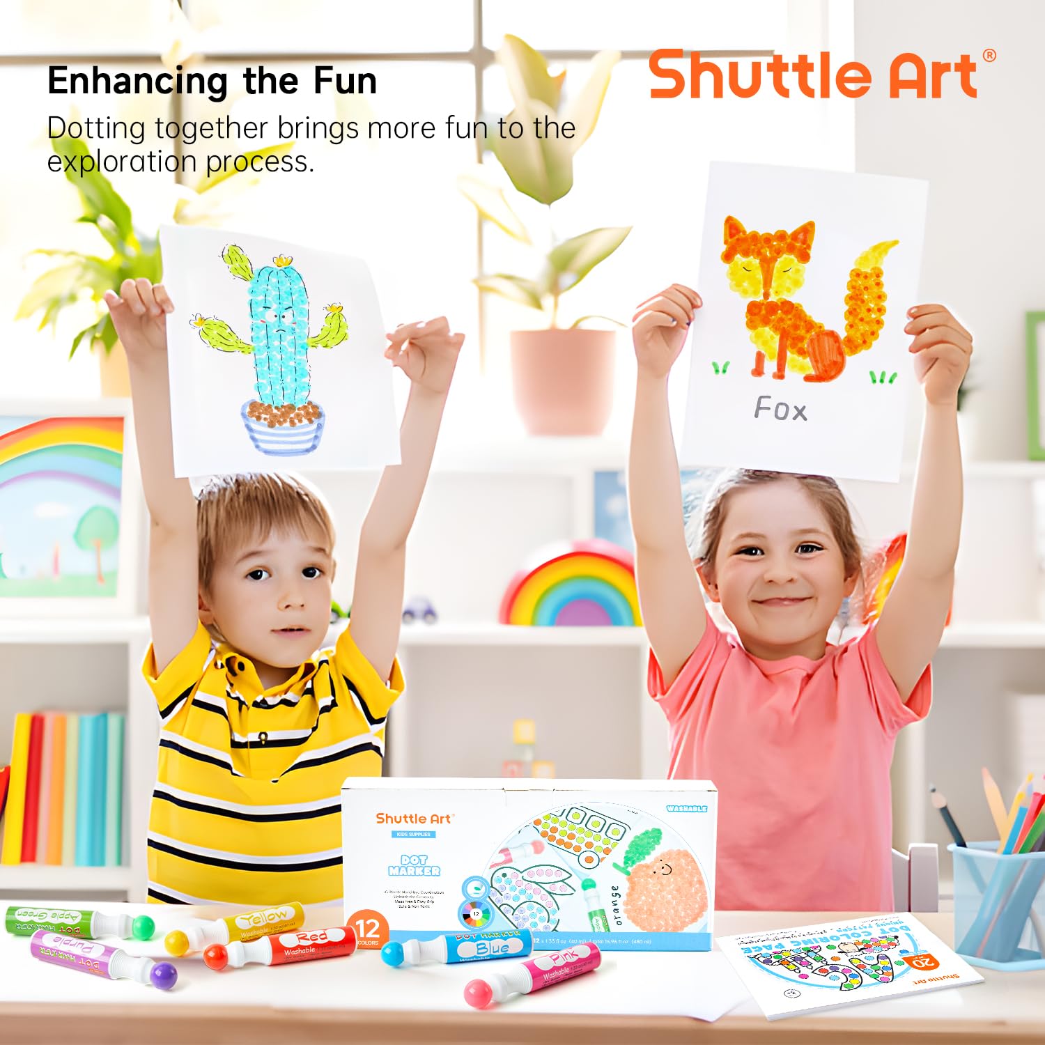 Shuttle Art Dot Makers, 12 Colors Bingo Daubers with 20 Unique Patterns of Dot Book for Toddler Art Activities, Non-Toxic Washable Coloring Markers for Preschool Kids Learning