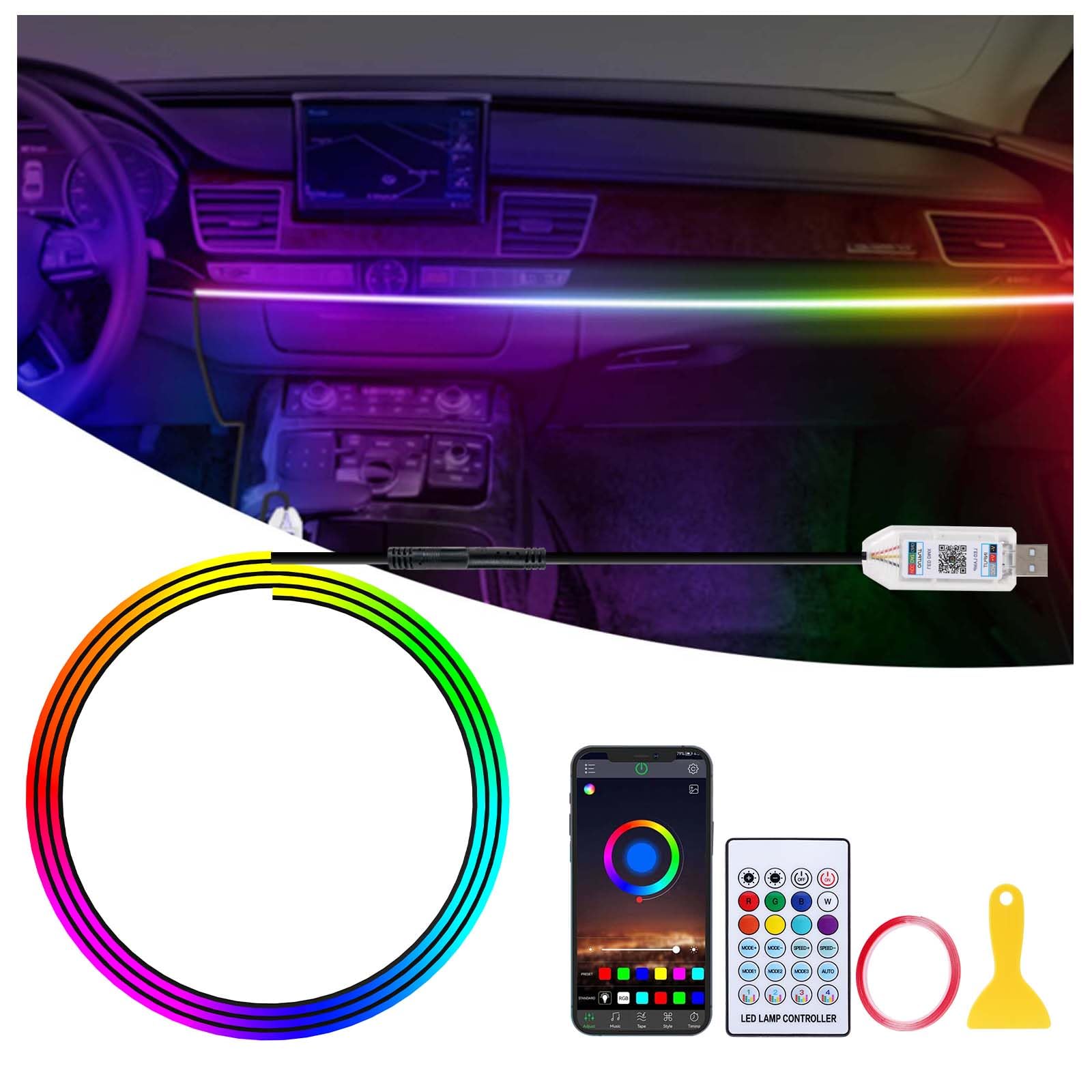Photo 1 of * SEE NOTES * Acrylic LED Lights for Car, 43.3in RGB Strip Light Car LED Lights Interior with USB Port, App Control, Music Sync, 146 LEDs Interior Ca r Lights for Women Men Gifts