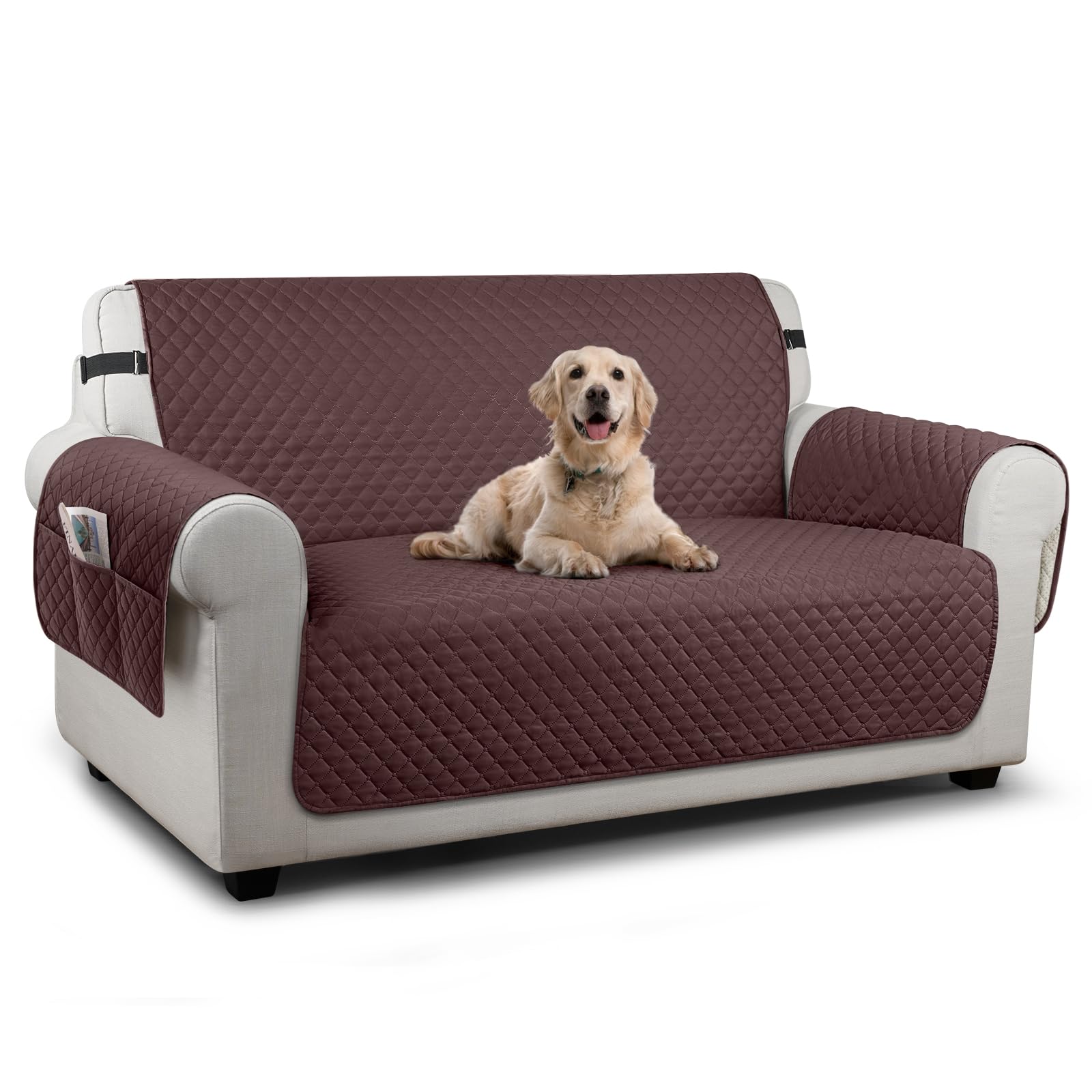 TAOCOCO Sofa 2 Seater Cover,Couch Covers with Storage Pockets,Anti Slip Settee Chair Covers,Machine Washable Sofa Protector for Dogs(Chocolate)