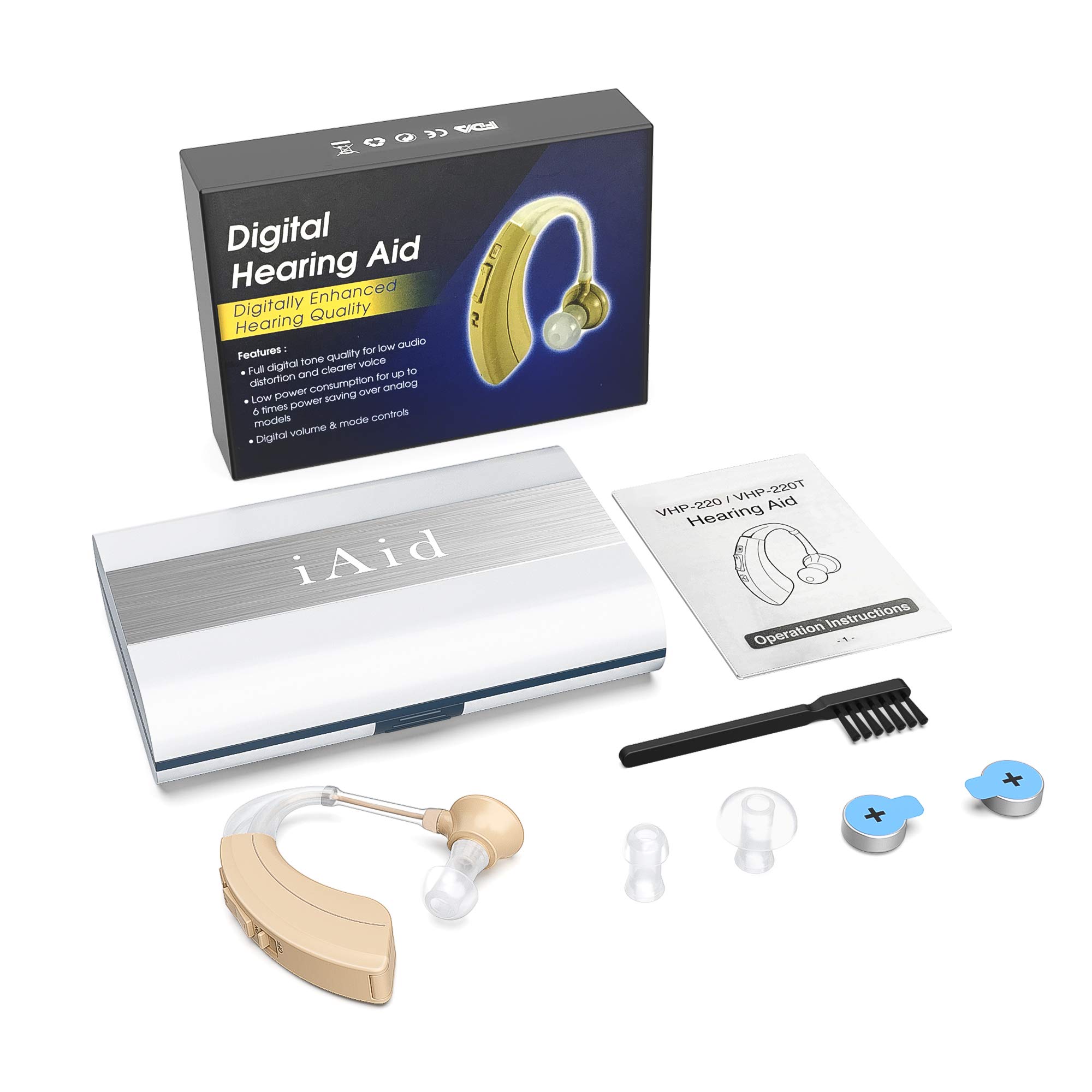 Digital Hearing Amplifier Aid 2 Pack - FDA Approved Personal Sound Device with Batteries, 4 Channels Noise Reduction, Hearing Aid Cleaning Kit for Adults and Seniors by iAid