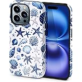 Hng Kiang Hu Summer Coastal Seashell Pattern for iPhone 16 Pro Case, [Compatible with Magsafe], Shockproof Protection, Blue and White Design (for iPhone 16 Pro)