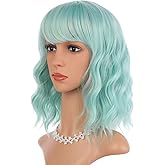 eNilecor Mint Green Wig with Air Bangs,14" Short Curly Wavy Bob Wig for Women,Shoulder Length Fun Wigs Synthetic Colorful Wigs for Daily Cosplay