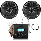 Marine Stereo Audio System with Marine Speakers and Gauge Receiver Package, IPX6 Weatherproof Bluetooth Audio Receiver and AM FM Radio Receiver, USB, MP3, Aux input, 2 x 6.5 Inch Black Marine Speakers