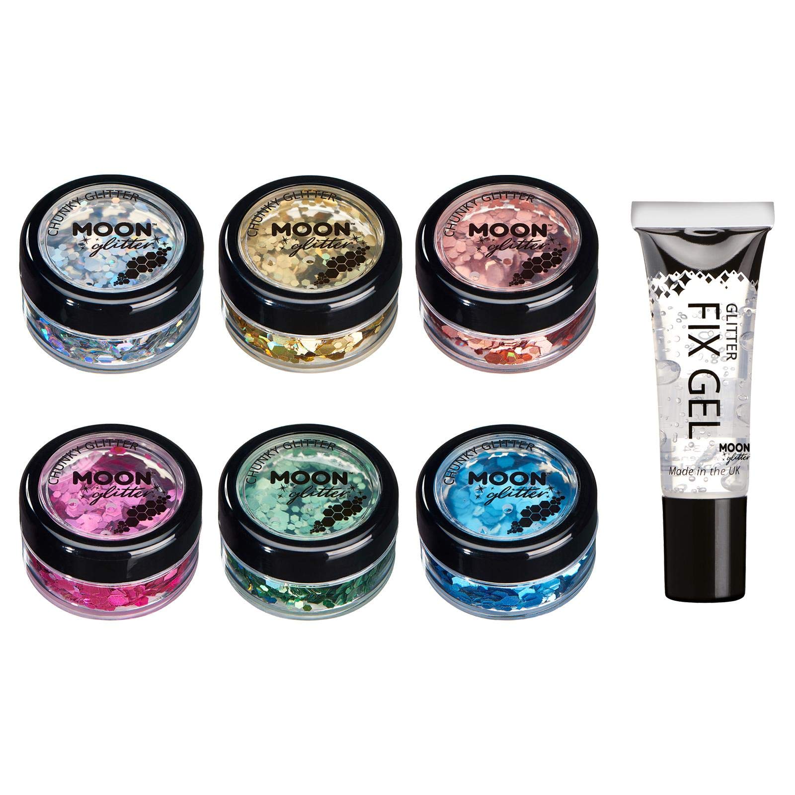 Chunky Holographic Glitter by Moon Glitter - Set of 6 colours + Fix Gel - Cosmetic Festival Makeup Glitter for Face, Body, Nails, Hair, Lips - 3g