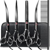 TINMARDA Dog Grooming Kit, Titanium Black Stainless Steel Dog Grooming Scissors with Curved Shears, Black Finger Rings - 5 Piece Sharp Durable Pet Shears for Dogs Cats At Home Salon-Quality Grooming