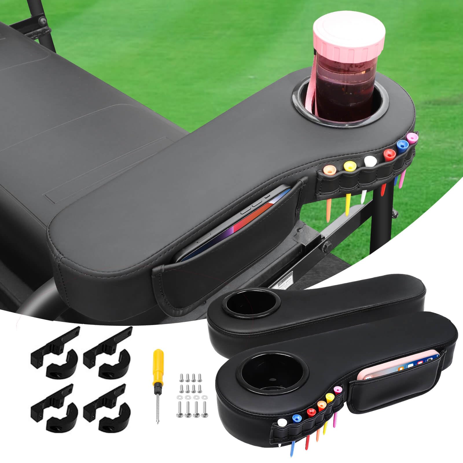 Photo 1 of LEAPGOMAX No Drilling Golf Cart Armrest with Cup Holder Phone Bag and Golf Tees Holder for Yamaha EZGO Club Car ICON i40 i40L i40FL i40F i60 i60L i60F i80/Advanced EV Golf Carts Black