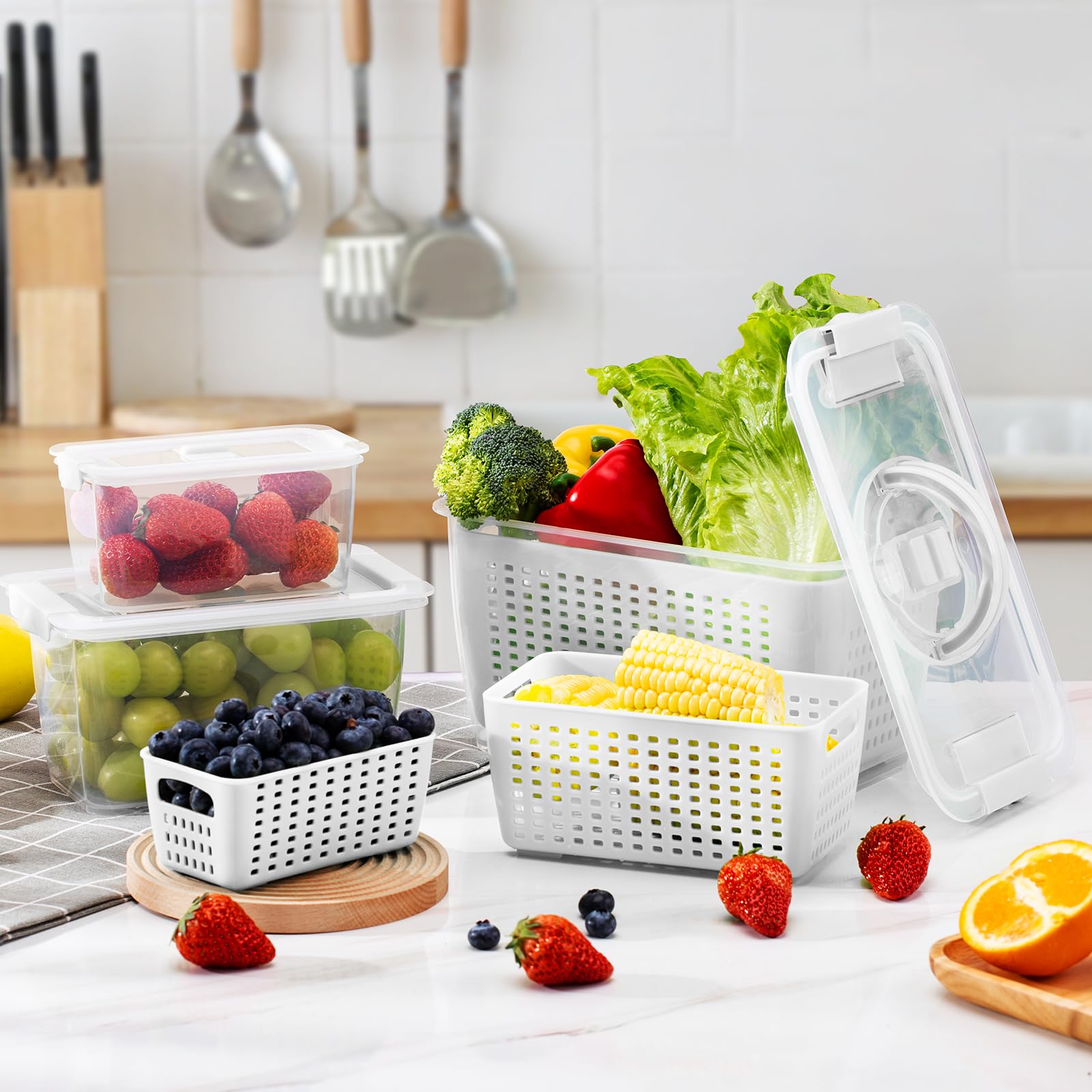 Luxear 3 Set Frischhaltedosen mit Deckel Abtropfgitter, 4L+1,7L+0,5L Kühlschrank Vorratsdosen Set, BPA Frei Frischhalteboxen mit Griff Luftablassventil, für Gemüse Obst Salat Spülmaschinenfest 9