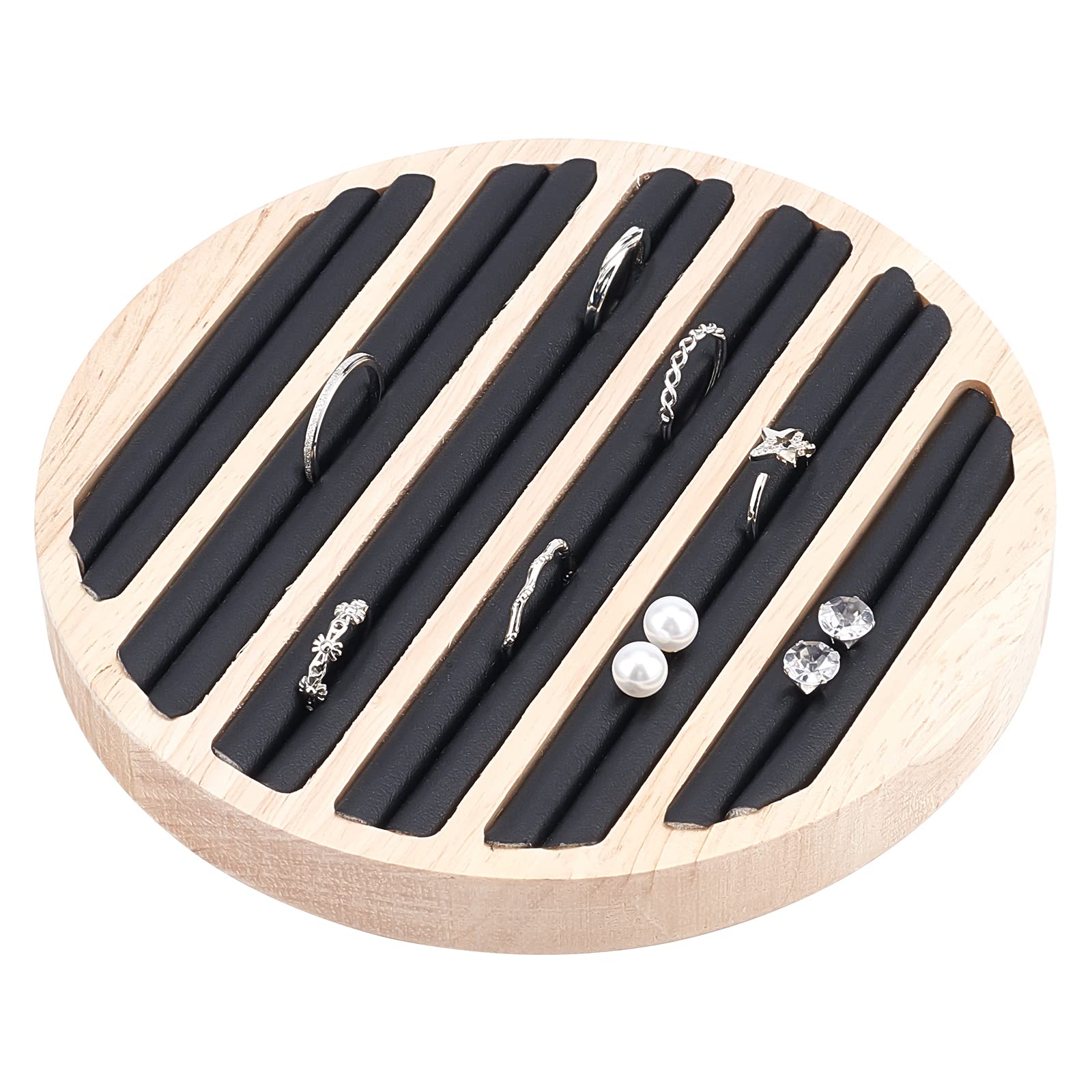 NBEADS Wooden Jewelry Display Tray, 6 Slots Ring Earring Display Storage Holder Black Leather Insert Jewelry Organizer for Jewelry Retail Display Selling, 14.95x1.7cm