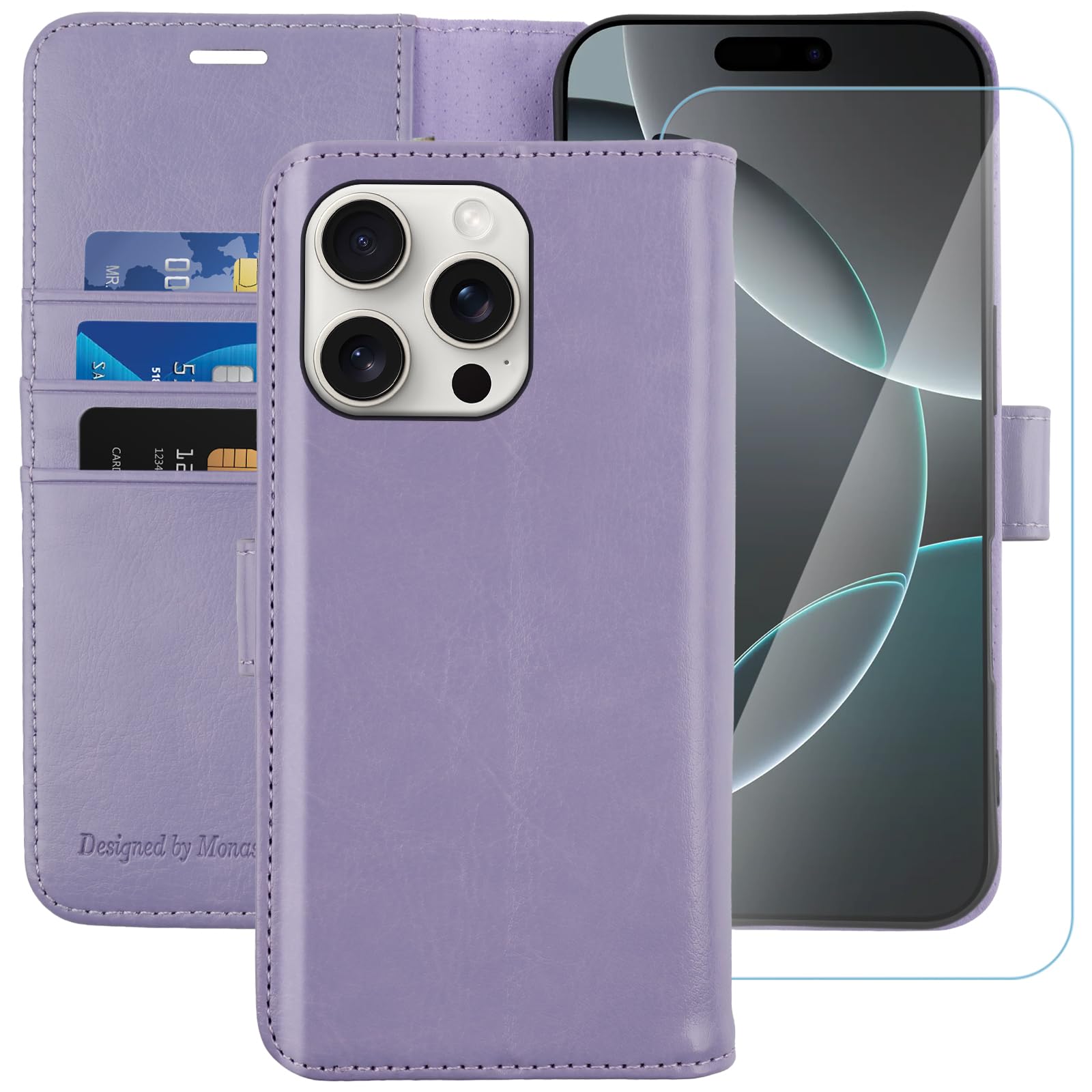 MONASAY for iPhone 16 Pro 5G Wallet Case,[Glass Screen Protector Included] [RFID Blocking] Flip Folio Leather Cell Phone Cover with Credit Card Holder, 6.3-inch, Lavenders
