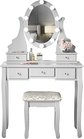 Ruby Rozanna Grey Dressing Table With Hollywood Bulbs Led Lights Vanity Mirror 5 Drawers Stool Set For Bedroom Makeup Jewellery Storage Amazon Co Uk Kitchen Home