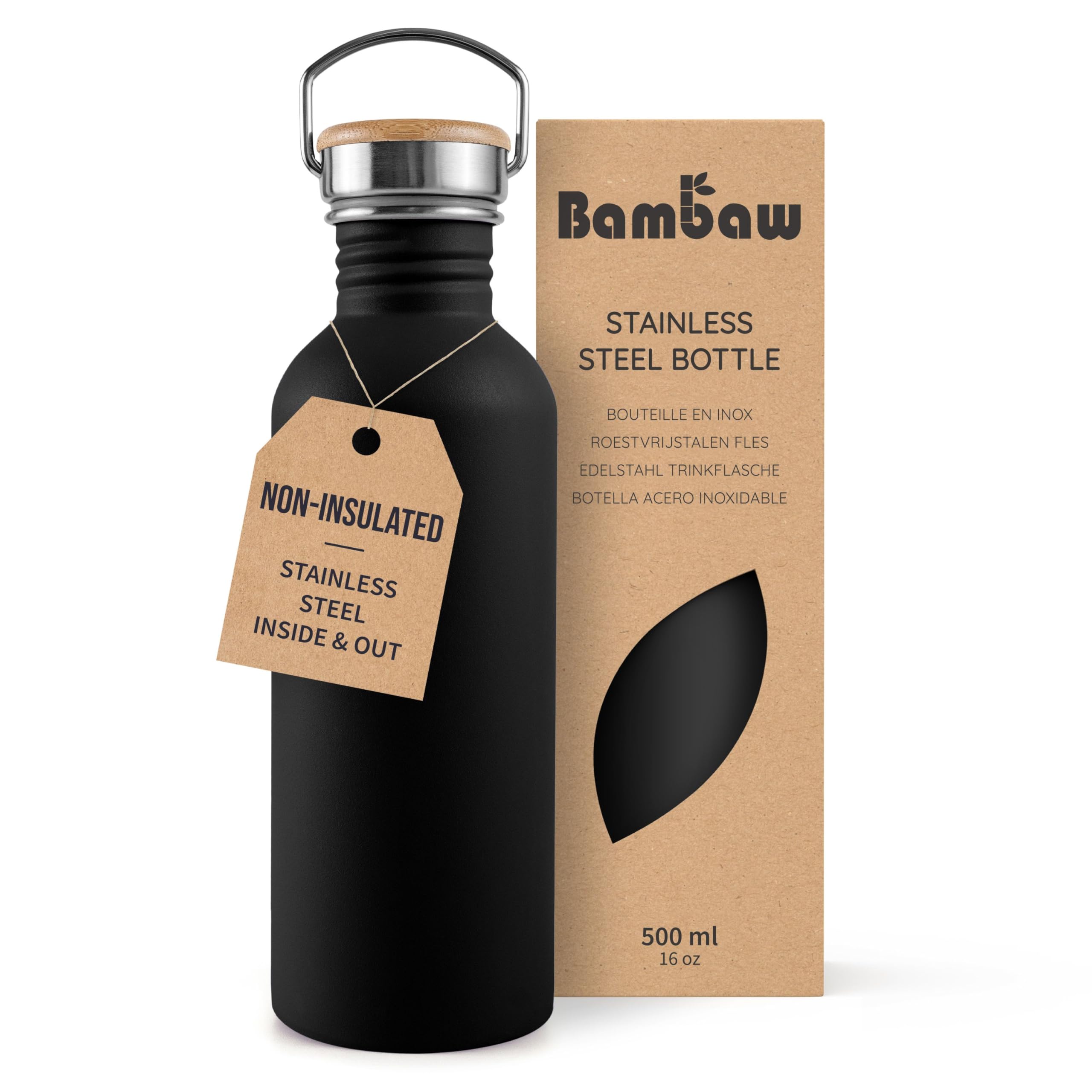 Bambaw Stainless Steel 500ml Black Non-Insulated Leakproof Camping Water Bottle – Jet Black