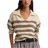 WDIRARA Women's Striped Sweaters Collared V Neck Pullover Knit Tops Knitwear