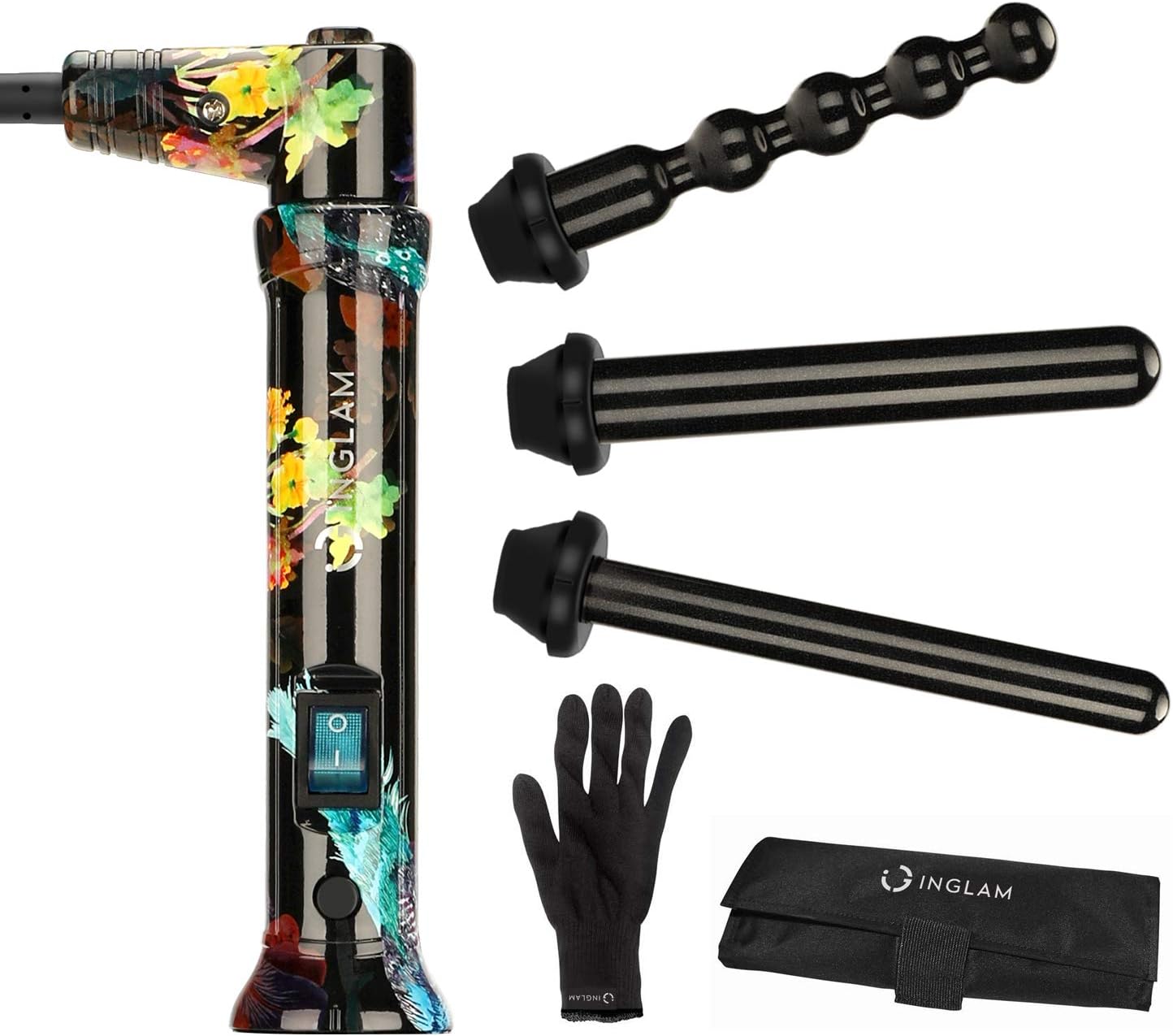 3 in 1 Anti-Static Curling Iron Set with 3 Interchangeable Ceramic Barrel,Tourmaline Ceramic Ionic Curling Wand,Hair Curler with Dual Voltage,Instant Heat up,Incl Glove|Pouch,for All Hair Types,Flower