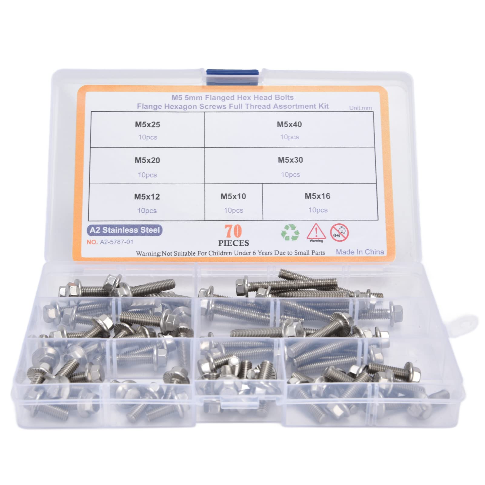 M5 Flanged Hex Bolts, 70Pcs 10/12/16/20/25/30/40mm Stainless Steel M5 Hex Socket Head Cap Flange Bolts Fastener Flange Nut Assortment Set for Home Appliance Repair