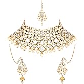 I Jewels Gold Plated Indian Wedding Bollywood Handcrafted Faux Kundan & Pearl Bridal Choker Necklace Jewellery Set with Earrings & Maang Tikka For Women (IJ032)