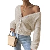 Pink Queen Women's Furry Cropped Cardigan Batwing Sleeves Open Front V-Neck Button Down Loose Casual Knit Sweater Coat