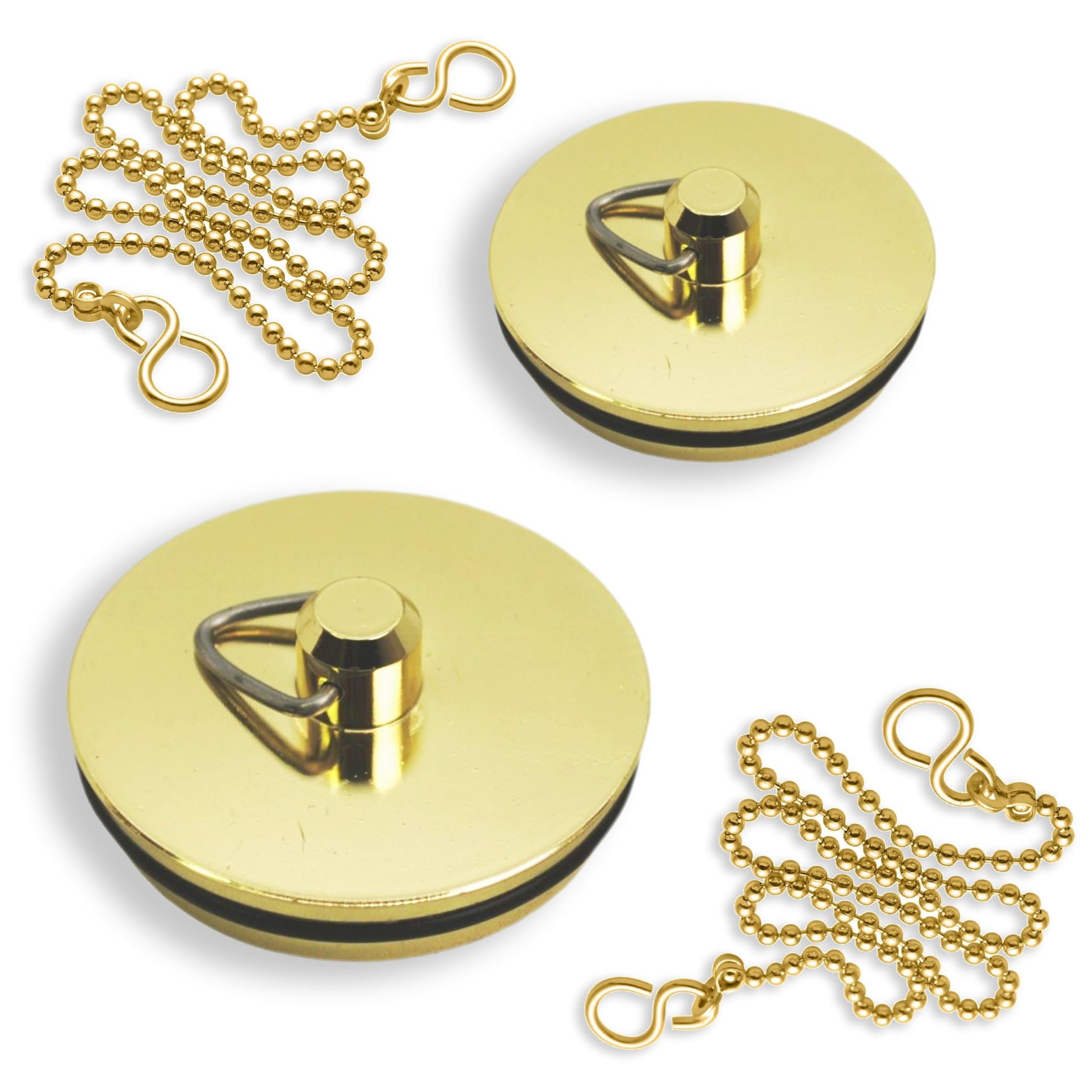 SISI UK® Sink Bath Basin Shower Plug Stopper Brass 45mm 1.3/4 inch & 37mm 1.1/2 inch 12 &18-inch Polished Brass Ball Chain and S-Hook