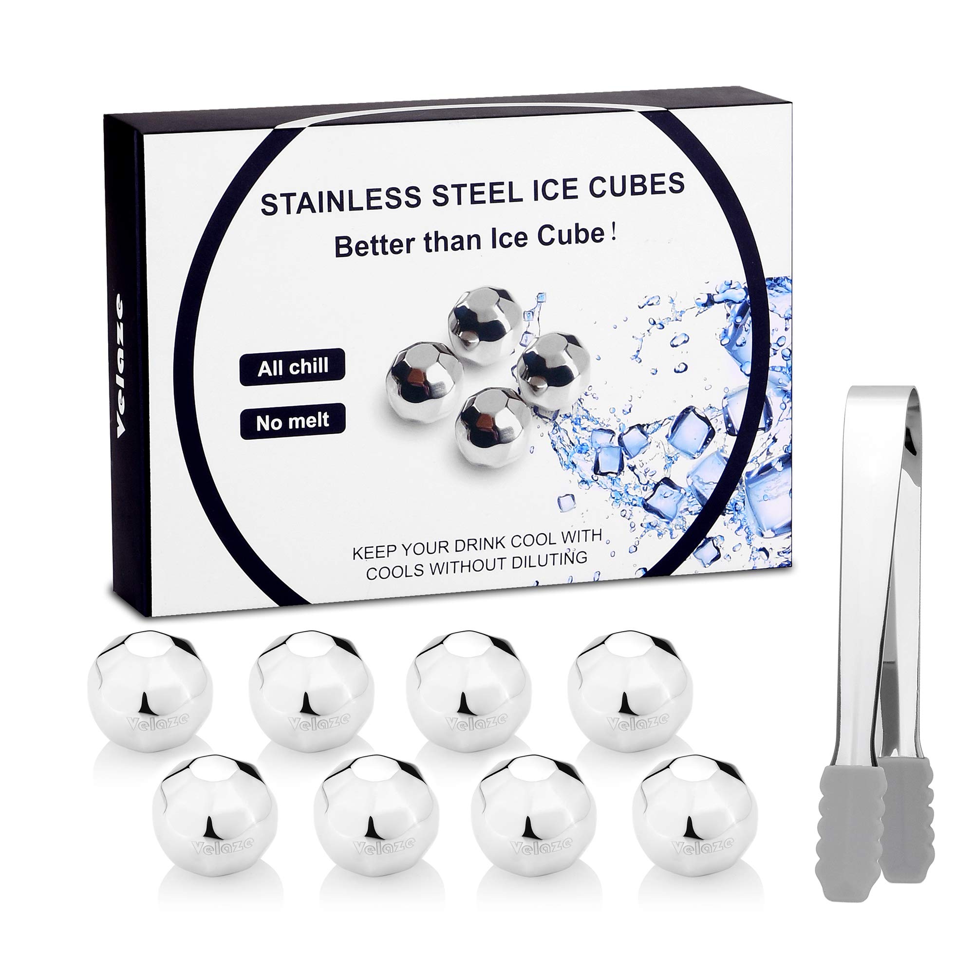 Velaze Whiskey Stones Diamond Shaped Set of 8 - High Cooling Technology, Reusable Ice Cubes, Stainless Steel Whiskey Ice Cubes - Whiskey Rocks with Freezer Storage Tray and Ice Tongs