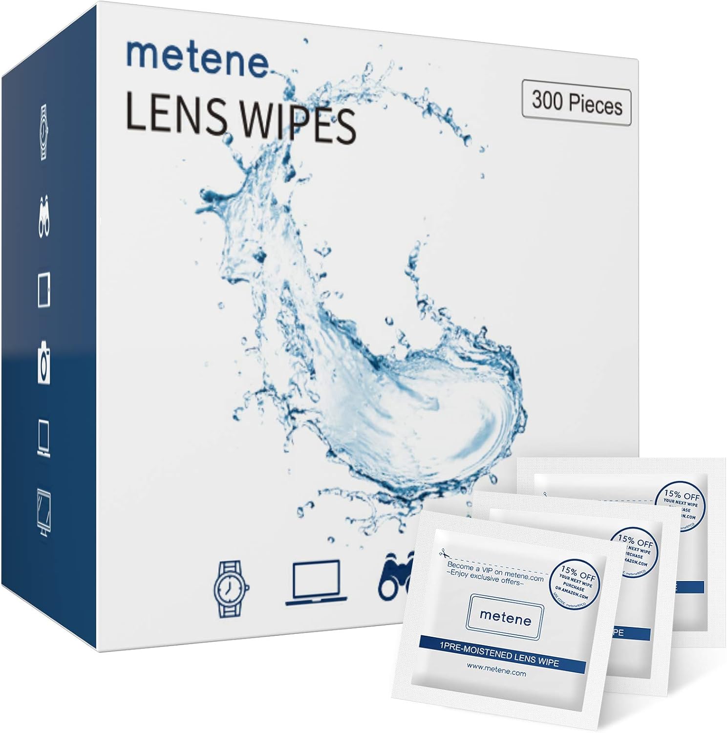 Metene Lens Cleaning Wipes, 300 Pre-Moistened Individually Electronic Glasses Wipes for Eyeglasses, Camera Lenses, Laptop, Phone and Computer Screen, 6.1”x5.9“
