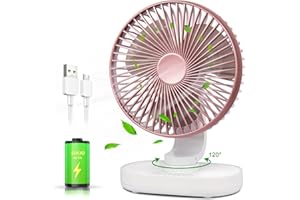 CONBOLA Small Desk Fan for Bedroom, 4000mAh Battery Powered Rechargeable Fan, 90° Vertical Manual and 120° Oscillating Fan, 4 Speeds Quiet Air Circulator Table Fan for Home Office, Pink