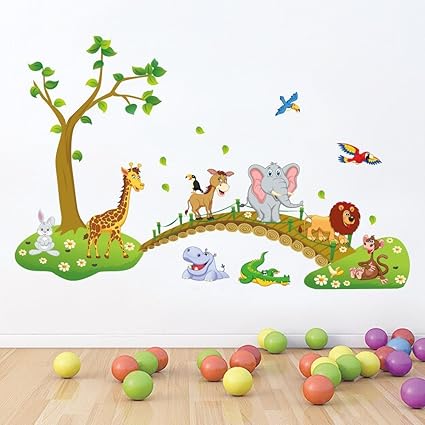 Paper Plane Design Rectangular Jungle Animals Kids Wall Stickers for Kids (Paper, 120 cm X 0.2 cm X 90 cm, Multicolour)