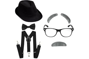 KAKAXI 1920's Boys Gangster Costume Set - Short Brim Fedora Hat,Adjustable Suspenders with Pre-Tied Bow Tie, Old Man Eyebrows & Moustache,Nerd Fake Glasses for Kids & Child(Black Hat & Black Suspenders)