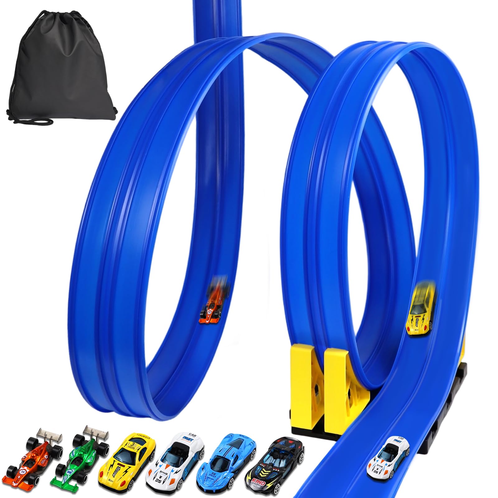 Car Track 5M Flexible Race Track for Toy Cars with 6 Cars/ 2 Ramps/ 1 Storage Bag/ 8 Suction Cups, Portable DIY Dual Racetrack Birthday Gifts for 3 4 5 6 7 8 Year Boys Girls