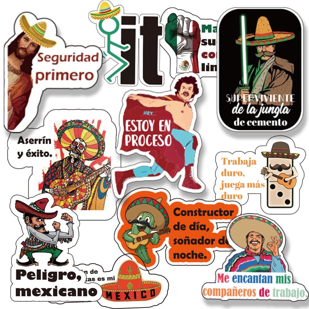 Photo 1 of Spanish Hardhat Sticker Set - Vinyl Mexican Decals for Tools, Funny Design for Helmet, and Water Bottle Decals - Ideal for Men, Adults, Ironworkers, Linemen, Oilfield Workers, and Electricians