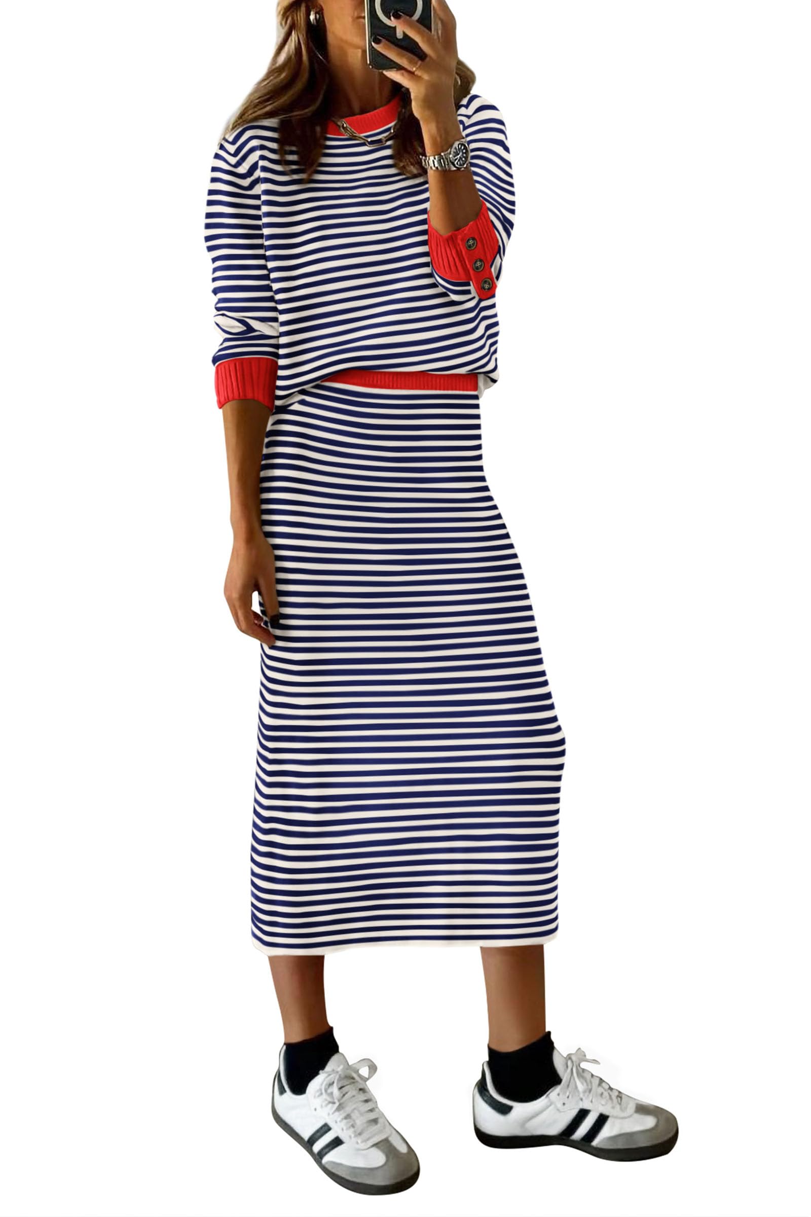 PRETTYGARDEN 2 Piece Skirts Sets for Women Fall Fashion 2026 Striped Sweater Dress Knit Lounge Travel Outfits Winter Clothing (Dark Blue Stripe,Large) Image