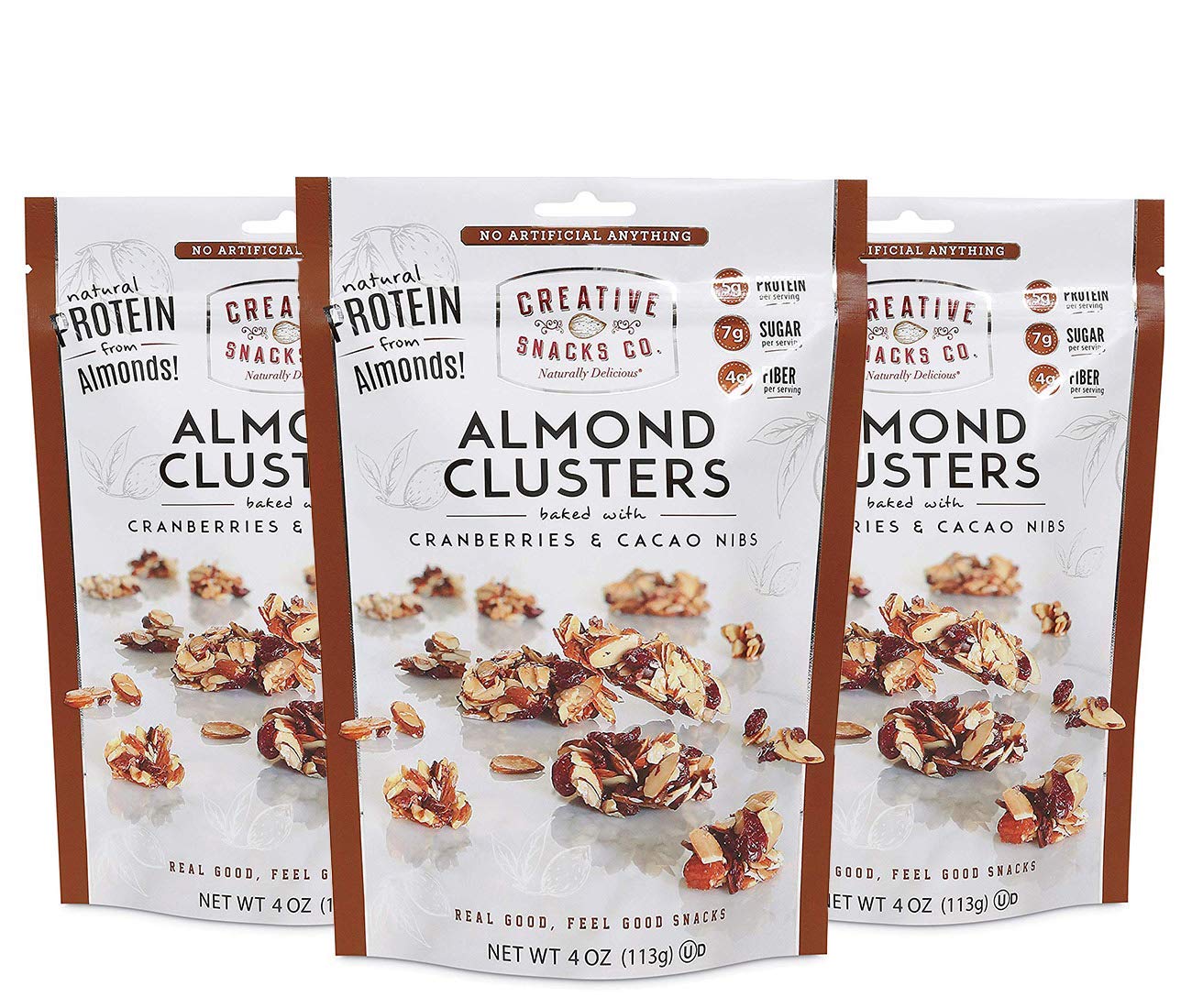 Creative Snacks Naturally Delicious Almond Clusters with Cranberries and Cacao Nibs, 3 Pack, 4 Ounce Resealable Bags