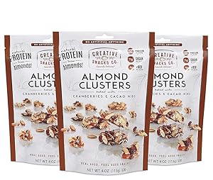 Creative Snacks Naturally Delicious Almond Clusters with Cranberries and Cacao Nibs, 3 Pack, 4 Ounce Resealable Bags