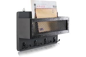 ADIIL Mail and Key Holder for Wall Decorative, Wooden Wall Key Rack Organizer with 4 Double Key Hooks, Wall Mount Key Hanger for Wall with Shelf, Rustic Home Decor for Entryway Hallway, Grey