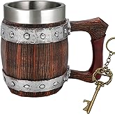 Viking Wooden Barrel Coffee Mug - 21oz Stainless Steel Double Wall Heavy Mug Norse Handle Tankard Gifts for Men Medieval Drinking Cup, Cool Beer Stein for Home Bar Viking Decor
