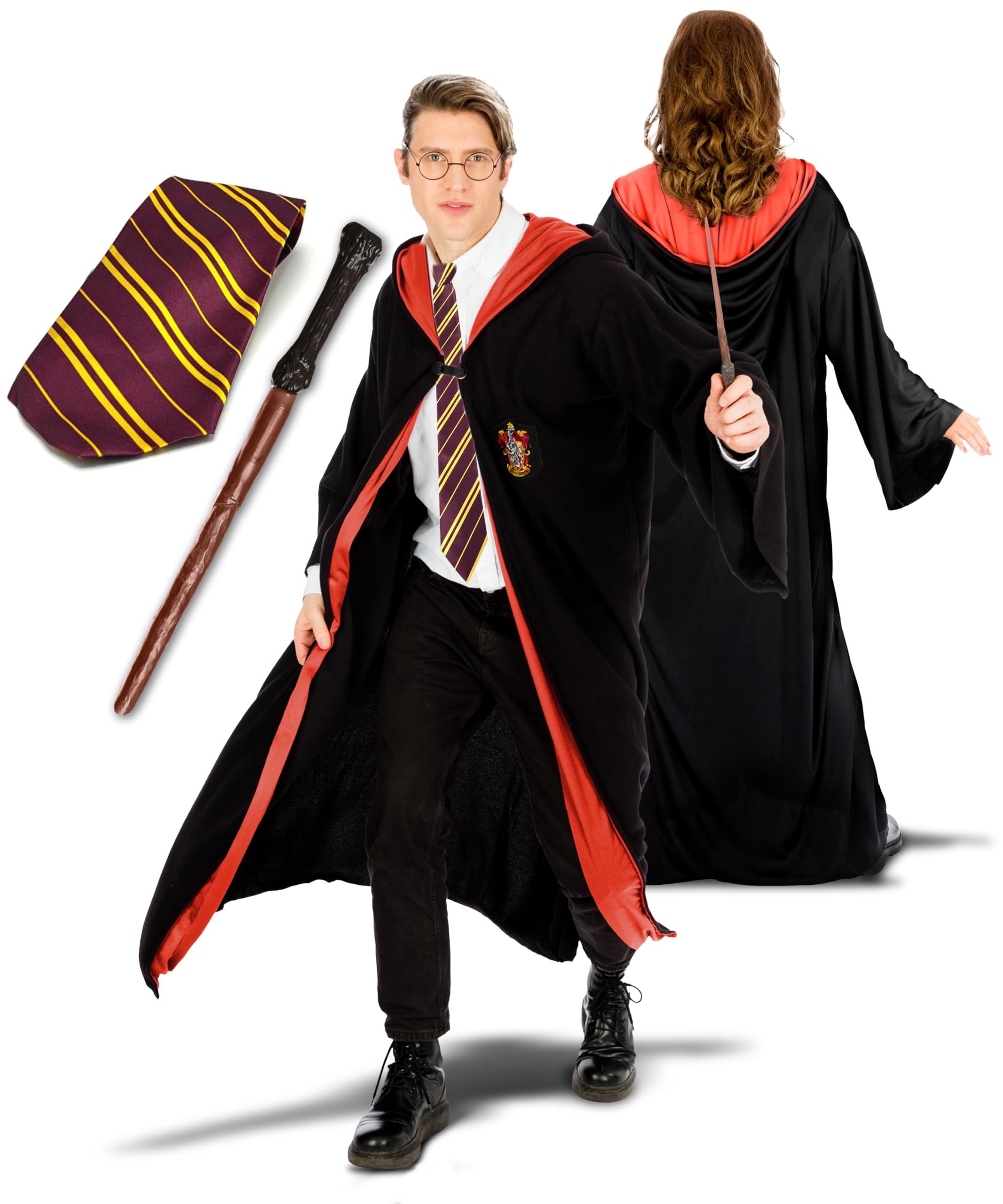 Dreamzfit 3-Piece Wizard Costume Set for Adults – Complete Hogwarts-Inspired Outfit Includes Robe, Tie & Magic Wand | Perfect for World Book Day, Cosplay, Themed Parties & Magician Performances